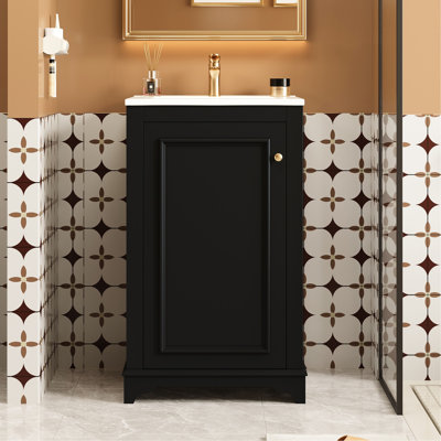 Meuble-lavabo contemporain noir de 20,1 po avec lavabo intégré, rangement à une porte, charnières à fermeture en douceur, tablette réglable, meuble-lavabo autoportant en pin massif et planches 20 po