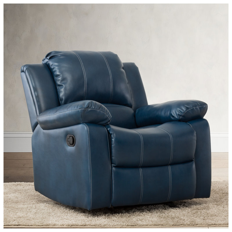 Fauteuil inclinable à bascule Charlotte en similicuir bleu marine, avec mécanisme en acier et structure en bois