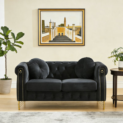 Velvet Chesterfield Sofa With Button Tufting, 60-Inch Tufted Sofa With Trimmed Nailhead And Metal Legs Loveseat Couch For Living Room, Bedroom