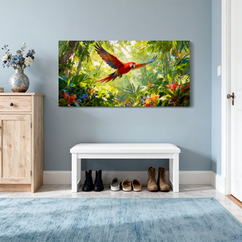 Animaux perroquet tropical volant au milieu de fleurs de la jungle luxuriante, H 24 po x l 48 po