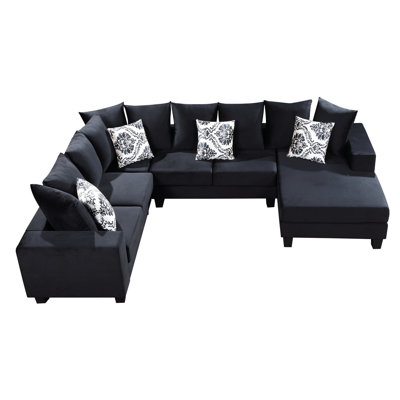 U Shaped Sectional , 110*85", Velvet Upholstery, Wood Base, Plenty Of Delicate Pillows 110x85" Shape Couch, Solid Dense Foam Padding, Multiple Gorgeous Home For Living Area