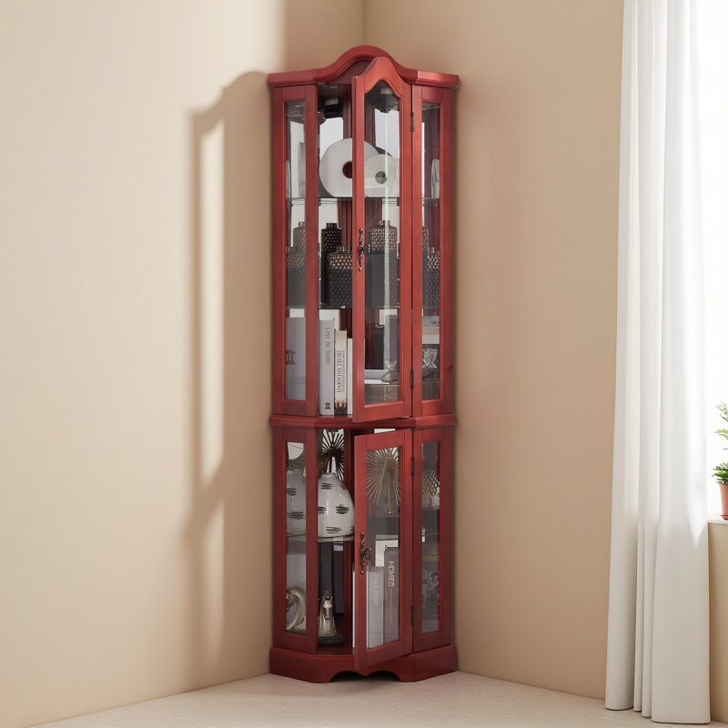 Curio Cabinet Lighted Glass Display Curio Cabinet W/Tempered Glass Doors And Shelves, Crown Corner Cabinet With Bulb, Corner Storage Decoration For Living Room