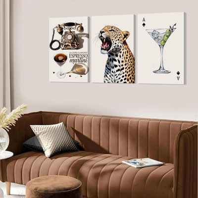 Leopard Set Of 3 Canvas Wall Art Trendy Cheetah Wall Decor Painting Pictures Espresso Martini Posters Prints Preppy Aesthetic Artwork For Bedroom Bar Decorations Frame