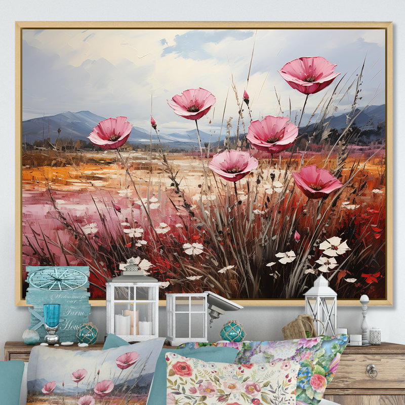 «Pink Crimson Flower Meadow Field» sur impression sur toile, Cadre naturel flottant, H 16 po x l 32 po x P 1 po