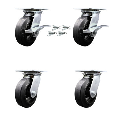 4 Piece Rubber on Steel Caster Set with Roller Bearing 4 Swivel Lock and 2 Brake