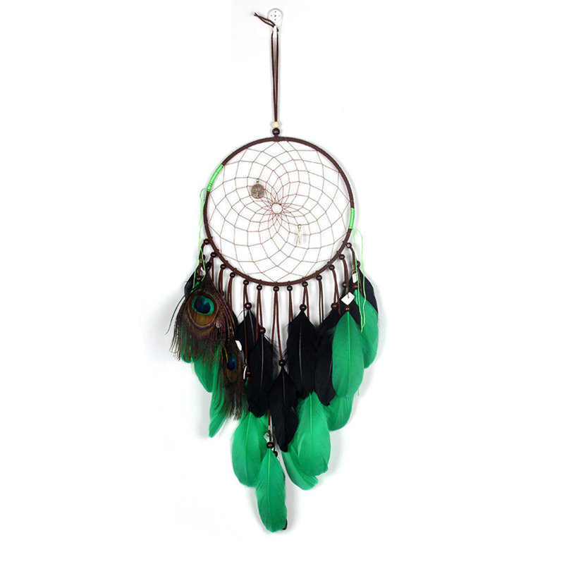 Handmade Fake Feather Peacock Hanging Ornament Iron Circle Dream Net Wall Decor, Green