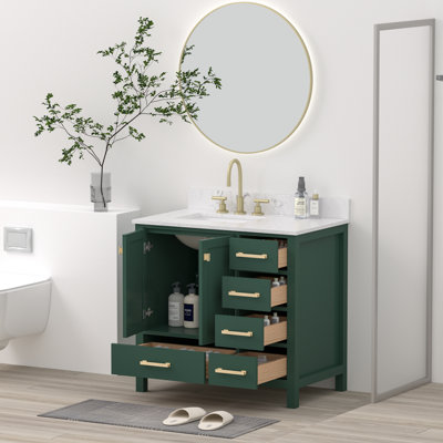 36" Solid Wood Freestanding Bathroom Vanity With Engineered Stone Top