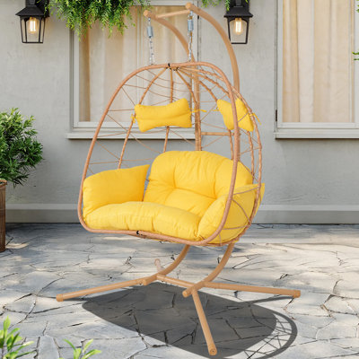 Fauteuil de balançoire pour deux personnes avec support, fauteuil suspendu en rotin de polyéthylène robuste de 660 lb avec coussin et coussin épais, fauteuil de détente intérieur et extérieur pour patio, balcon, chambre à coucher, jardin