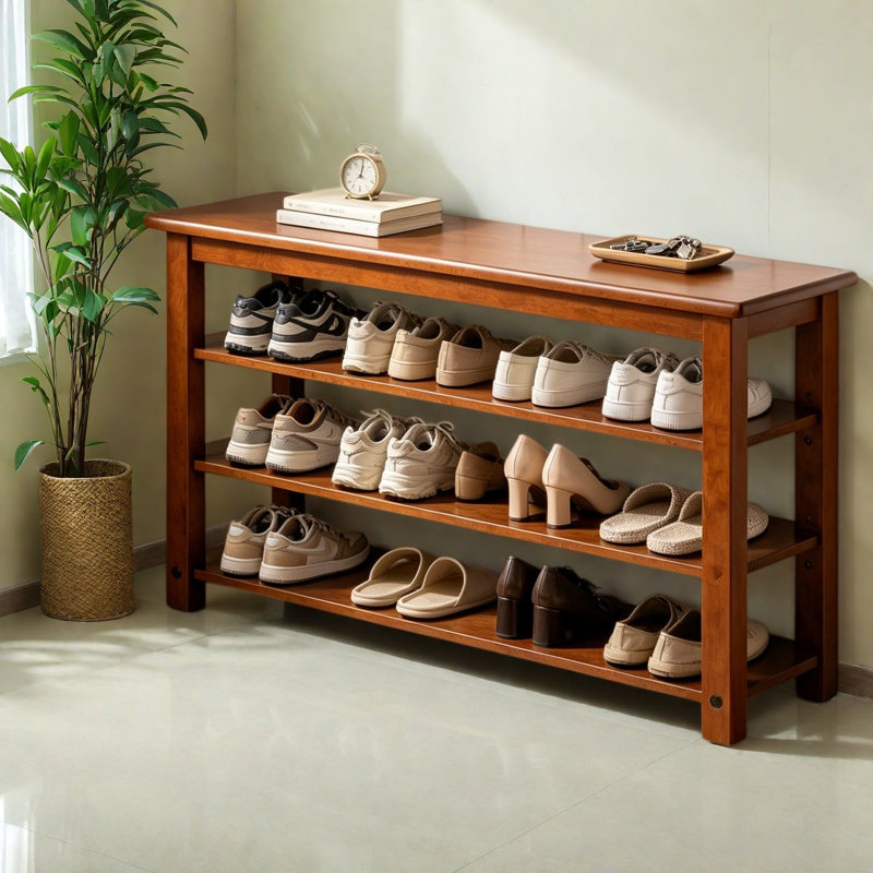 Banc de rangement pour chaussures, tablettes réglables en bois massif à 3 niveaux, vestibule en noyer