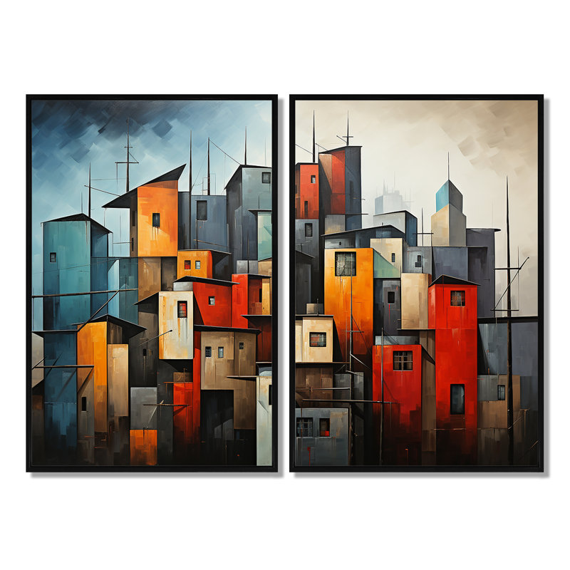 «Cubist Urbanism Horizon III», art mural moderne sur toile, 36" H x 48" W, Impression encadrée flottante, Black