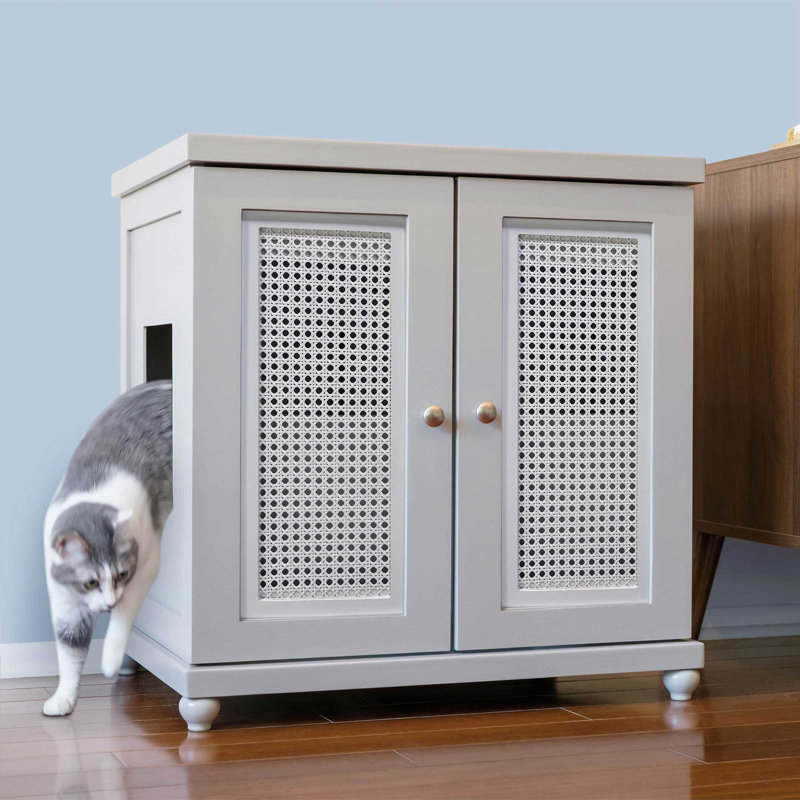 The Refined Litter Box - Wood Cat Litter Box Enclosure Cabinet With Drawer, Cane Style, Tulip, Gray, Extra Large