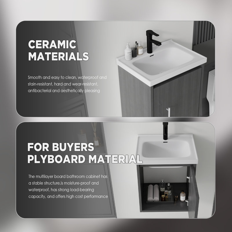 Meuble-lavabo suspendu de 50 cm avec lavabo encastré en céramique, meuble en contreplaqué, porte à fermeture amortie, gris