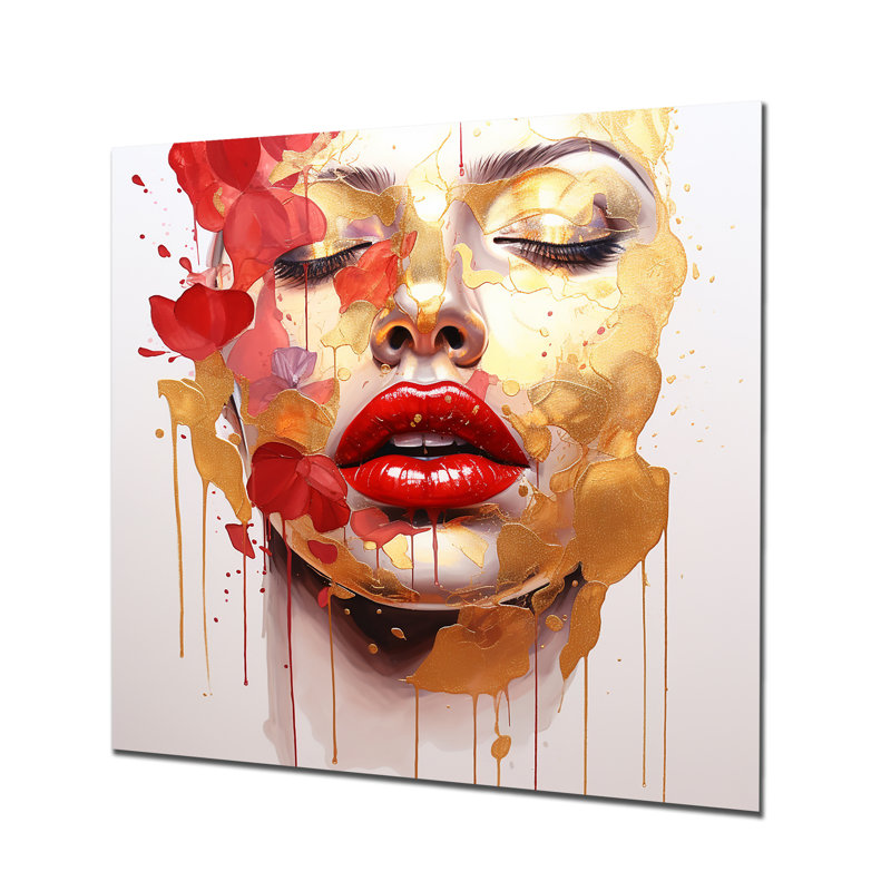Glam, maquillage doré, lèvres rouges - art mural lèvres tendance, H 30 po x l 30 po, Sans cadre