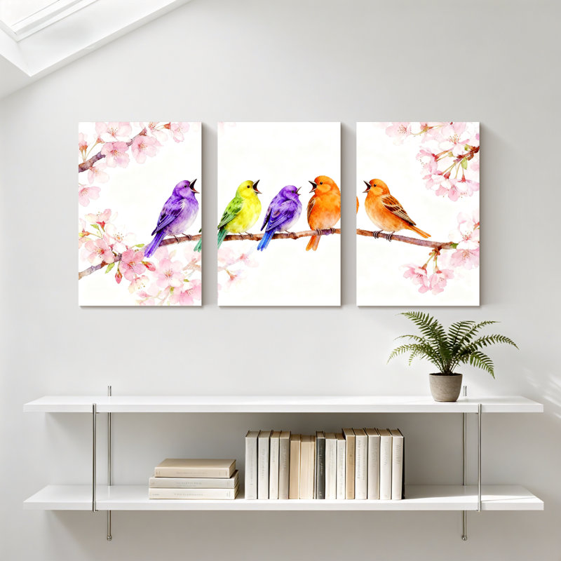 Oiseaux colorés sur une branche de cerisier en fleurs, ensemble de 3 impressions sur toile, H 18 po x l 36 po