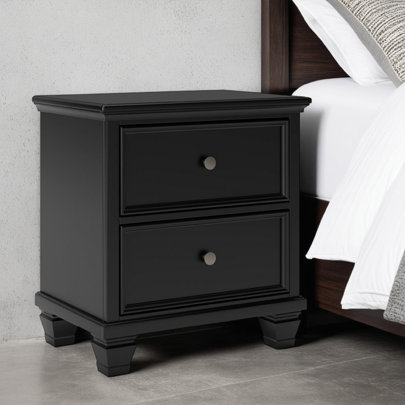 Table de chevet Lemo, 2 tiroirs larges, boutons ronds en nickel, bois massif noir