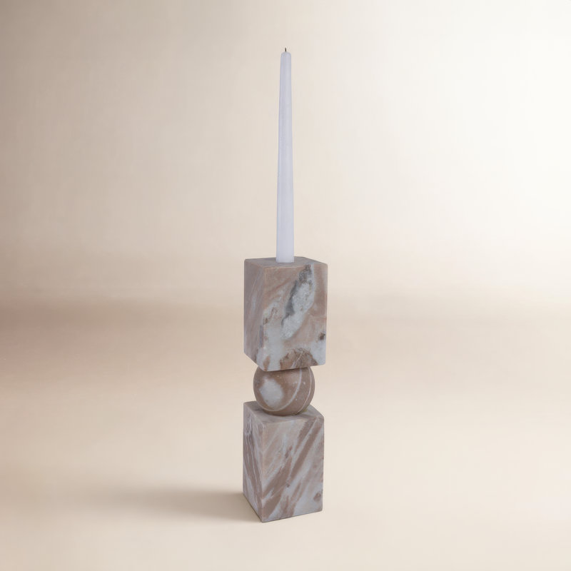 Chunky Marble Taper Holder, Tan/Ivory, 12" H x 3" W x 3" D