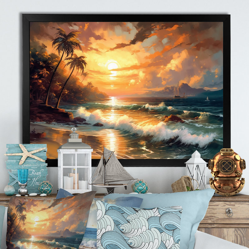 " Orange And Green Shimmering Shores II ", Black Picture Framed Canvas, 16" H x 32" W x 1" D