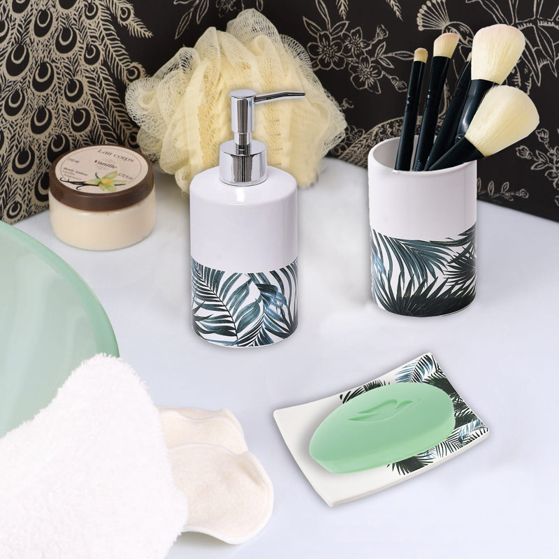 Tropical Leaf Ceramic and Wood 4-Piece Bathroom Accessory Set