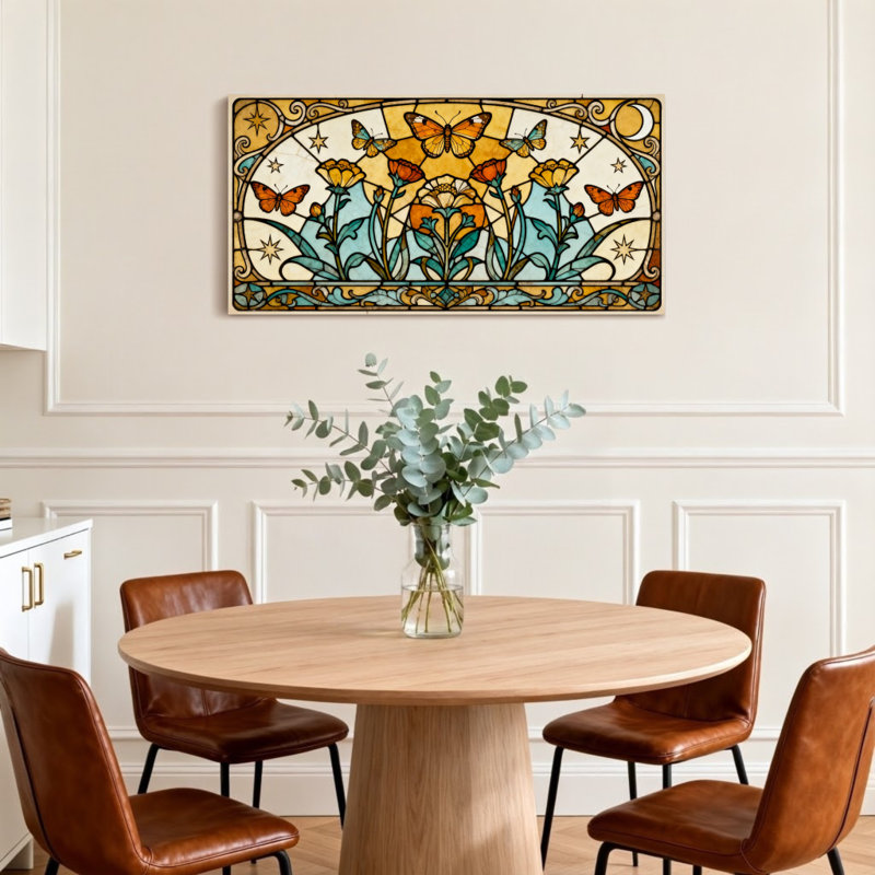 Vitrail tendance papillons fleurs étoiles soleil lune, H 16 po x l 32 po