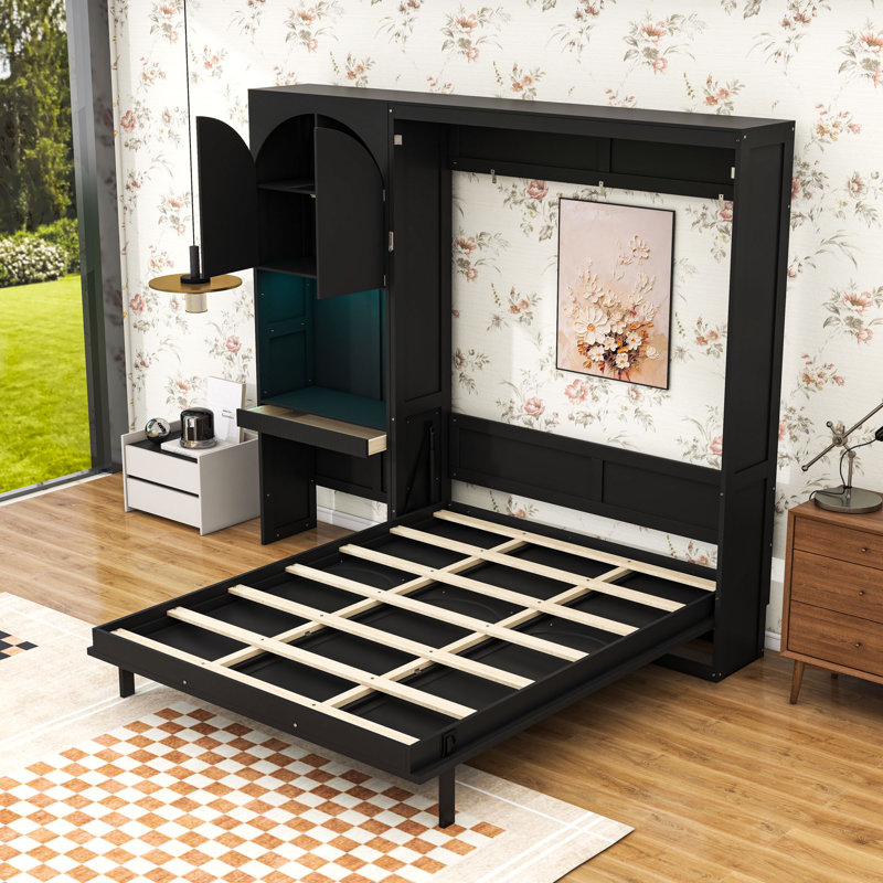 Grand lit escamotable avec armoire de rangement et éclairage DEL, Noir