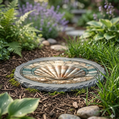 STEPPING STONE - Stained Glass LOOK FAN SEASHELL STONE GRAY