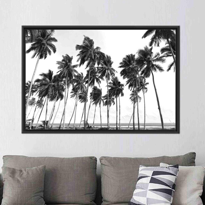 Art sur toile 3D de palmiers noirs et blancs - Cadeau de décoration murale moderne fait à la main pour lui, H 33 po x l 45 po