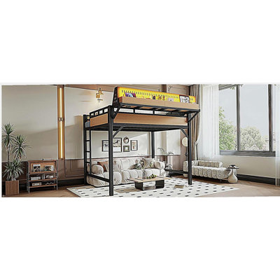 Full size Loft Bed Frame with Storage Shelves and Pegboard, Metal Loft Bed with USB Ports and LED Lights, Safe and Sturdy, Natural