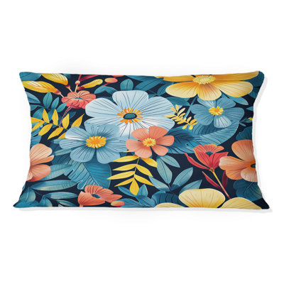 Coussin lombaire Mid-Century jaune et bleu Tropical Blooms II
