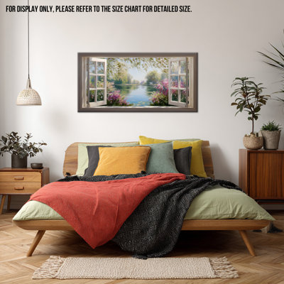  Toile de printemps, décoration murale, paysage serein, fenêtre, vue de la nature, œuvre d'art horizontale, paysage de cerisiers en fleurs, décoration murale pour le salon, 24 x 48 pouces