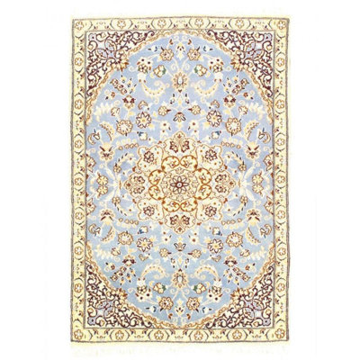 Tapis bleu clair / beige en coton / soie / laine Rajpreet