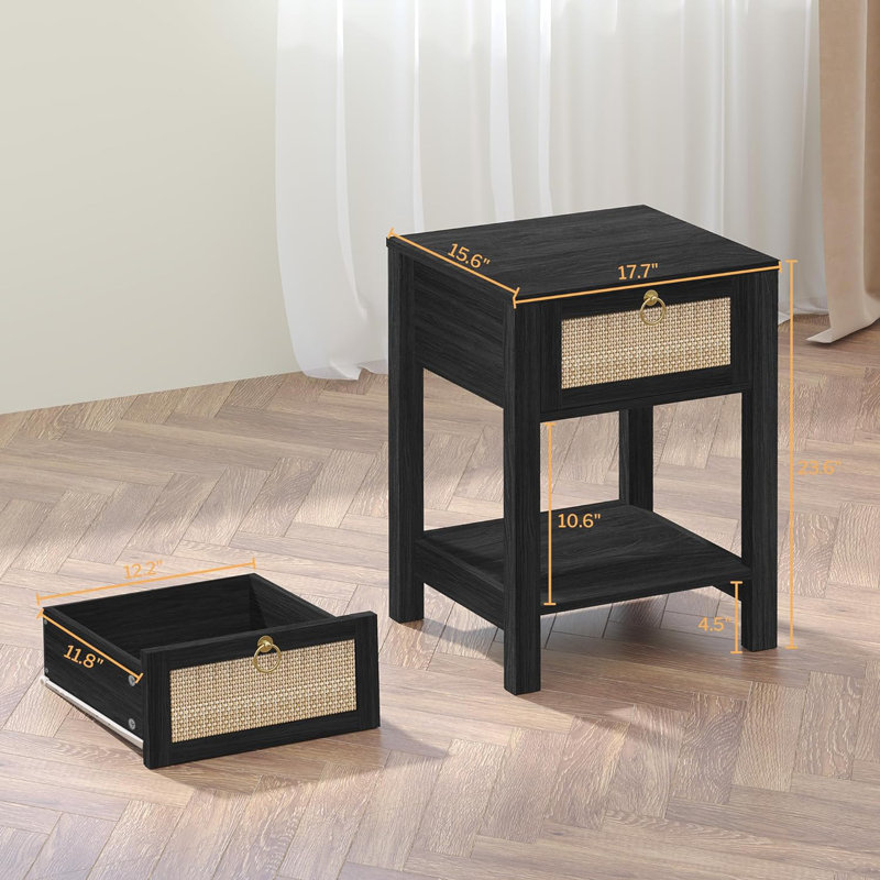 Nightstand Set Of 2,Rattan Decor Drawer With Brass Knobs Night Stand Wood Bedside Table Boho End Tables Side Tables With Storage Shelf