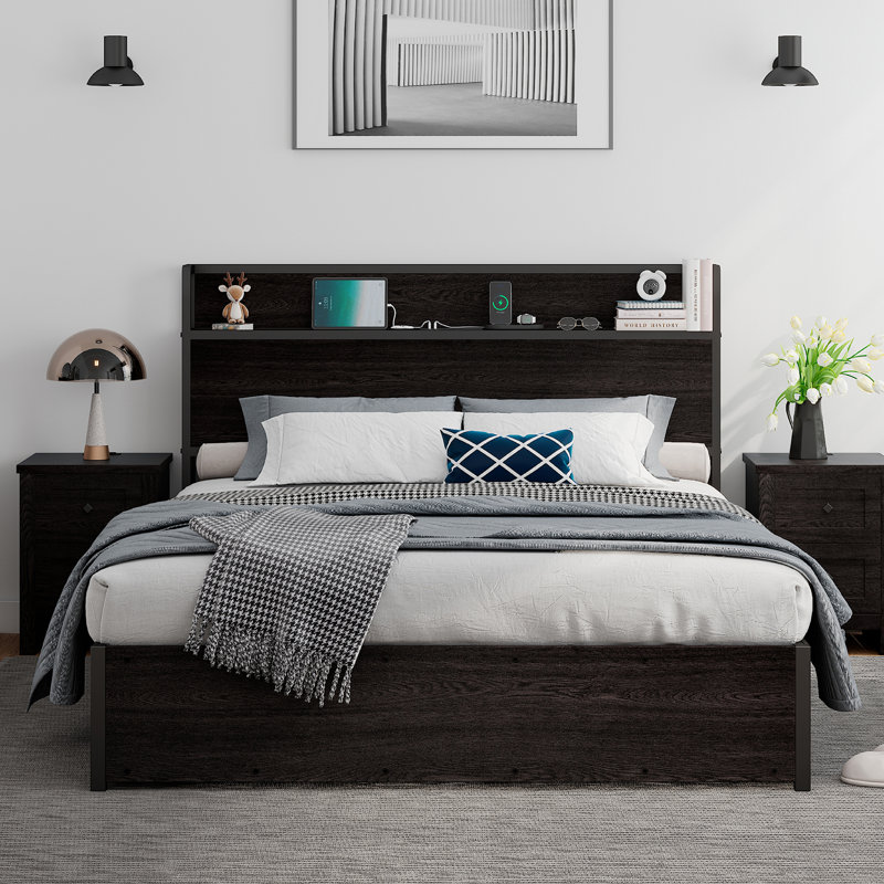 Lift Up Storage Wood Bed with Charging Station, Black, King