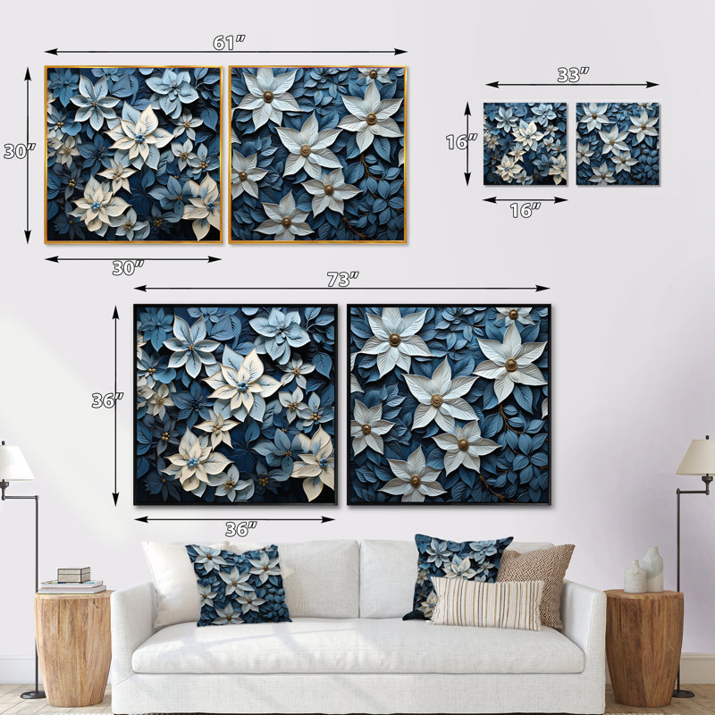 Poinsettias blancs et bleus en fleurs - Ensemble de 2 poinsettias carrés, Cadre flottant blanc, H 36 po x l 73 po