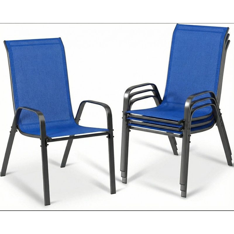 Chaises de patio empilables, tissu Textilène durable avec accoudoirs, cadre en métal robuste, chaises de salle à manger d'extérieur ergonomiques à séchage rapide pour la cour arrière et le bord de la piscine (bleu marine, 4 pièces)