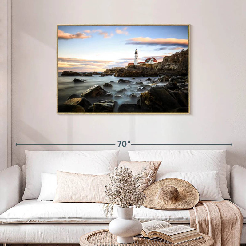 Coucher de soleil sur le phare de Portland, 43 po x 29 po, Cadre flottant en bois naturel