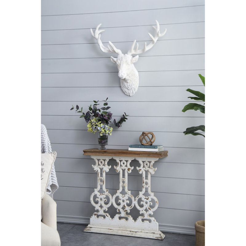 Console de 32 po avec plateau en bois brun et base rétro blanchie à la chaux, comptoir additionnel blanc 31,9 po x 11,8 po, pièce décorative