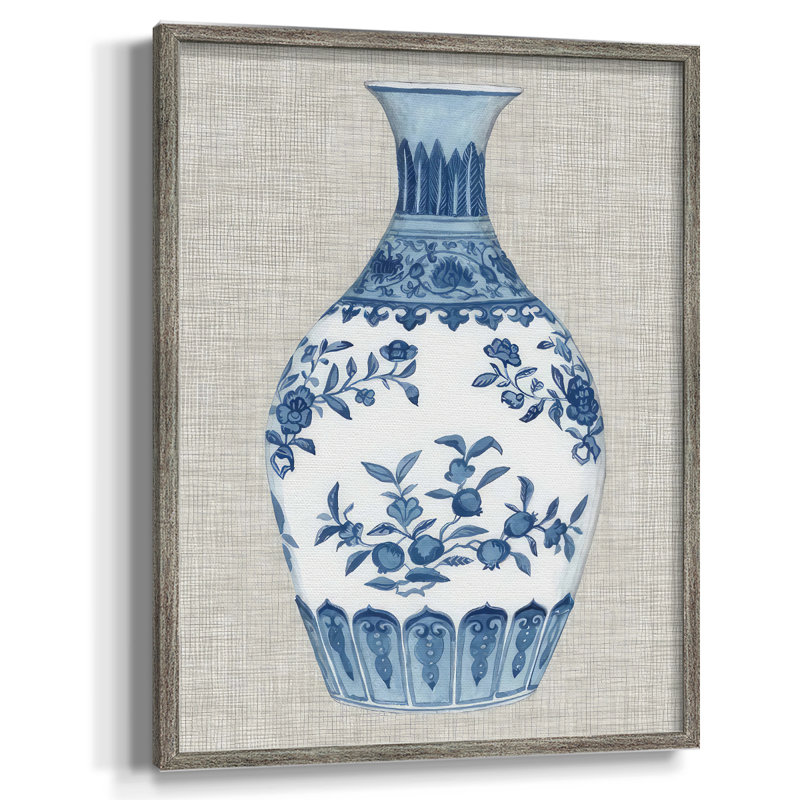 «Ming Vase on Linen III», reproduction encadrée - bois massif, H 30 po x l 24 po
