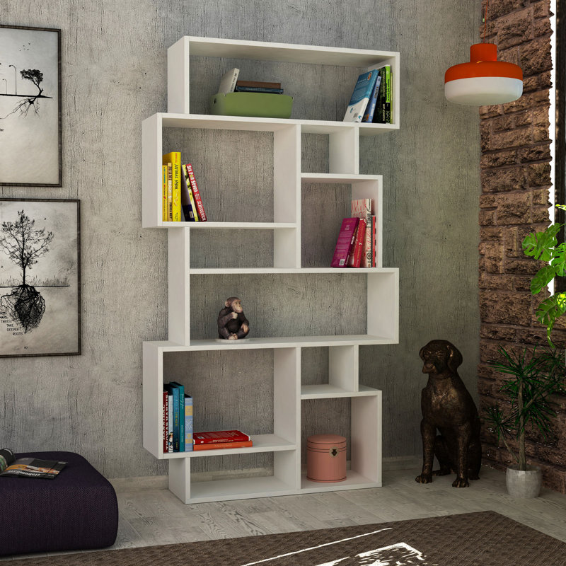 Bibliothèque moderne blanche avec de nombreuses tablettes, 38,6 x 66,3 x 10,0 pouces | 100% panneau de particules enduit de mélamine, fixation murale, capacité de charge de 55,1 lb par tablette | Conception élégante pour l'organisation de la maison et du bureau