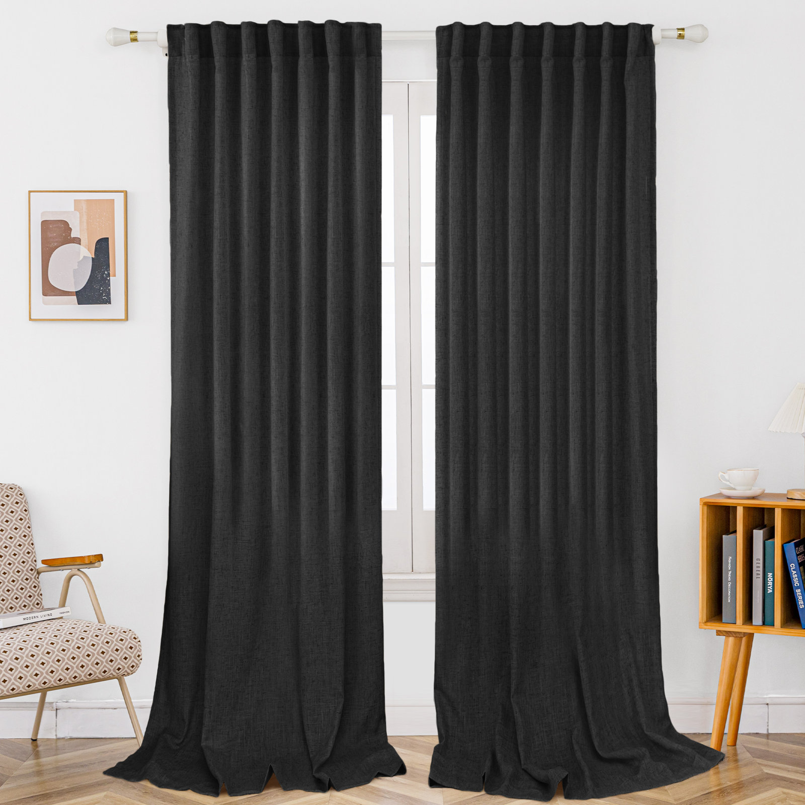 Toyoko Semi-Sheer Linen Blend Curtain Set, 52" W x 108" L, Black