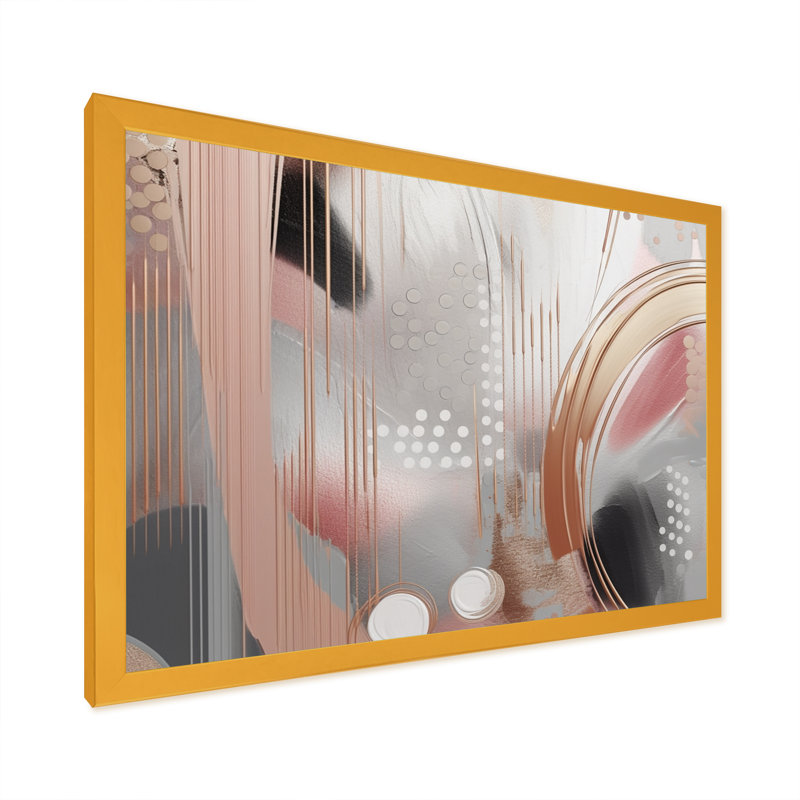 «Pink Rosegold Circle Chaos II», art moderne sur toile transitionnel, L 32 po x H 16 po, Encadrement doré