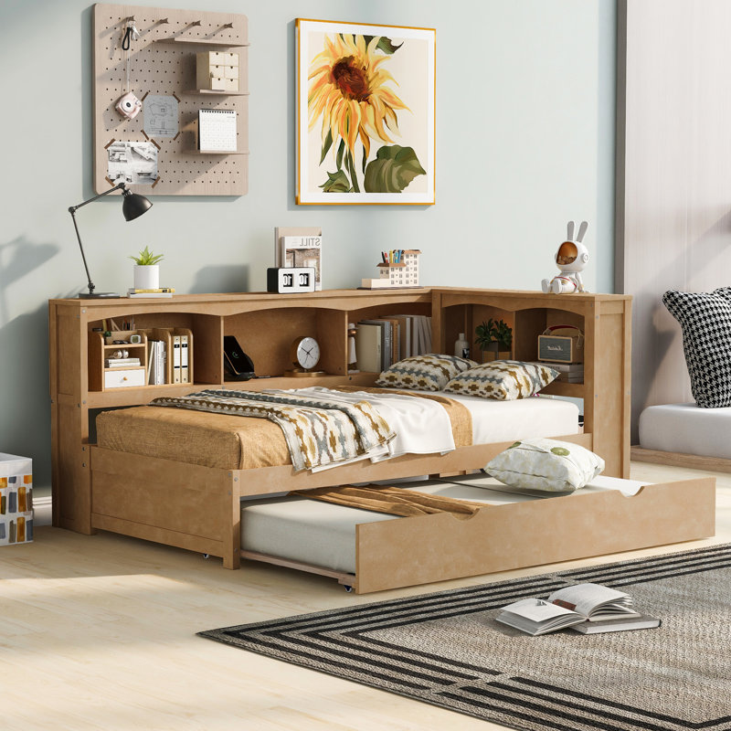 Lit de jour simple avec rangement et charge, Naturel
