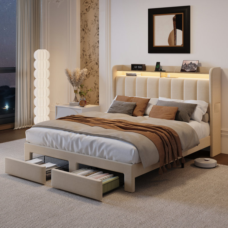 Upholstered Platform Bed Frame With Wingback Design Headboard,Charging Station,LED Lights And 2 Storage Drawers, Beige, Queen