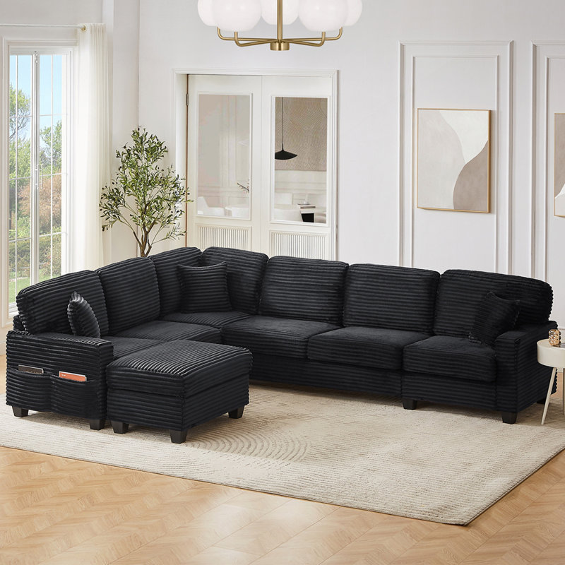 Canapé modulaire polyvalent en velours côtelé avec repose-pieds et rangement intégré, Noir