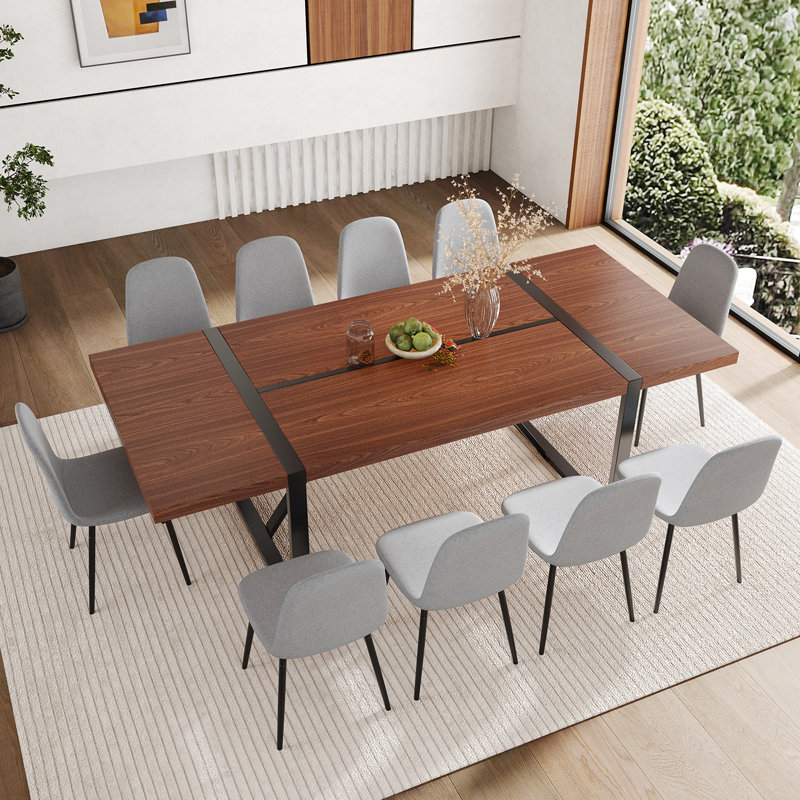 87" Wood Dining Table Set With PU Leather Upholstered Dining Chair, Gray, 11 Pieces: Table, 10 Chairs