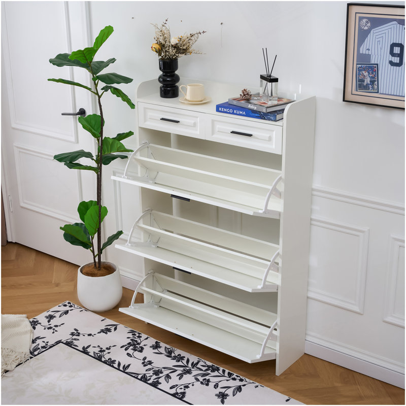 Deux tiroirs, trois portes pliantes, grande armoire à chaussures de rangement, blanc
