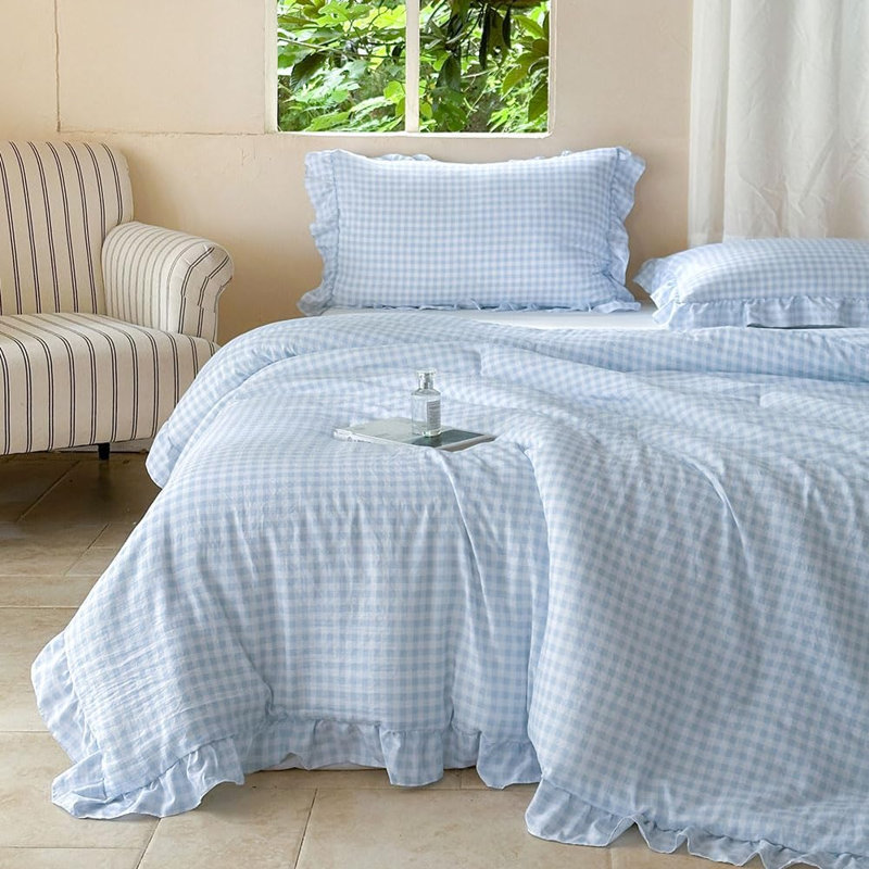 Ensemble d'édredon à volants en microfibre Gingham, Vichy bleu clair, Grand lit