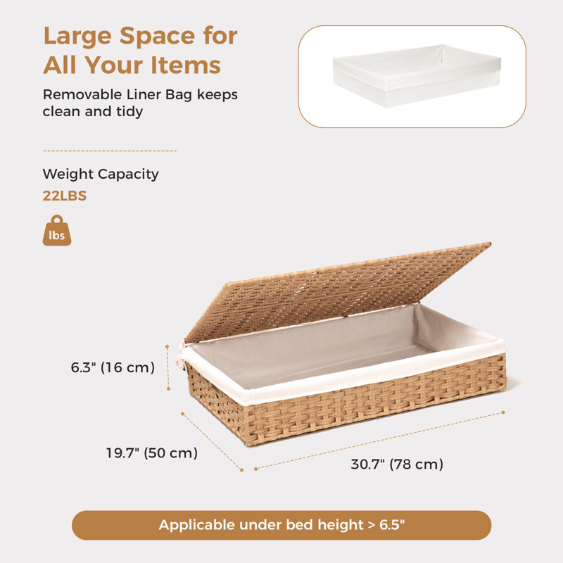 Panier de rangement sous lit avec couvercle, panier de rangement tressé à la main pour chambre à coucher, grand panier de rangement sous lit, bac de rangement en osier