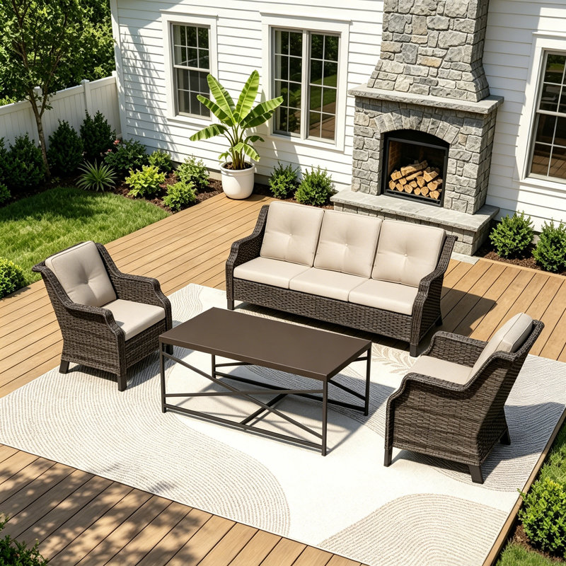 4-Piece PE Wicker Patio Conversation Set with 3-Seat Sofa,2 Chairs,Coffee Table & Beige Cushion, Beige