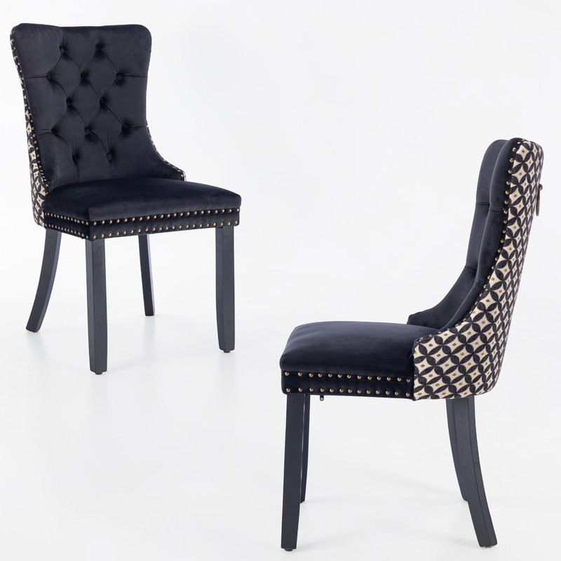 Tufted Velvet Wing Back Side Dining Chairs, Black, Black Star