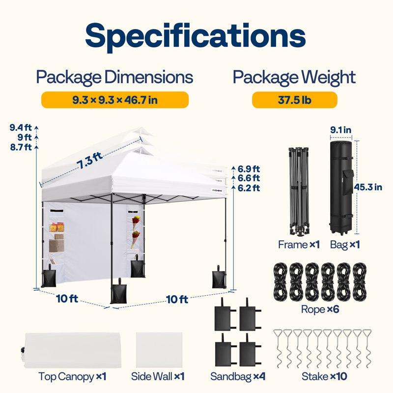 Pop Up Canopy Tent with Detachable Sidewall, White, 10ft x 10ft